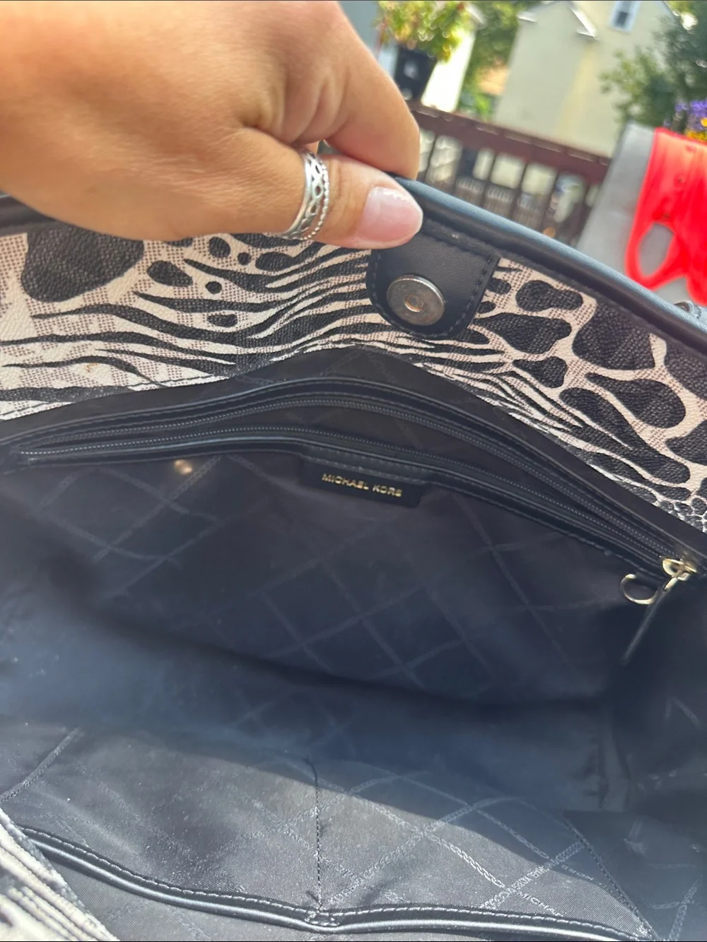 MICHAEL KORS Black and White Animal-Print Tote